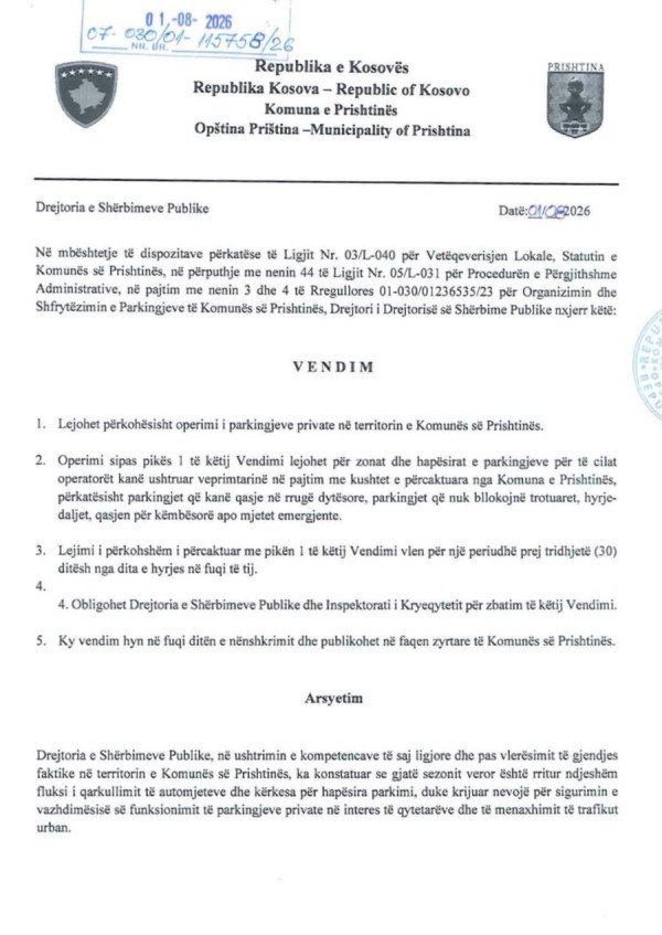 ​Parkingjeve private në Prishtinë u lejohet puna edhe 30 ditë