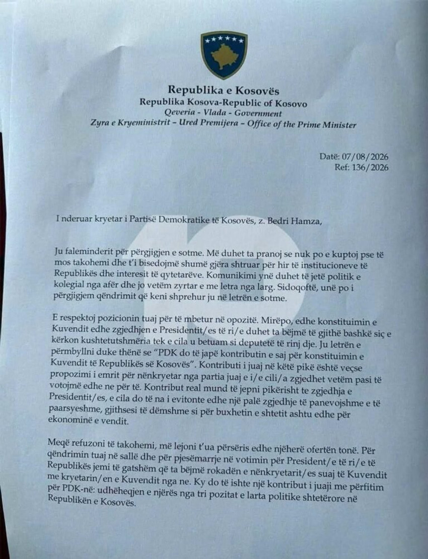 Kurti i shkruan letër Hamzës, ia ofron PDK-së pozitën e Kryeparlamentarit - këto janë detajet 2 Image