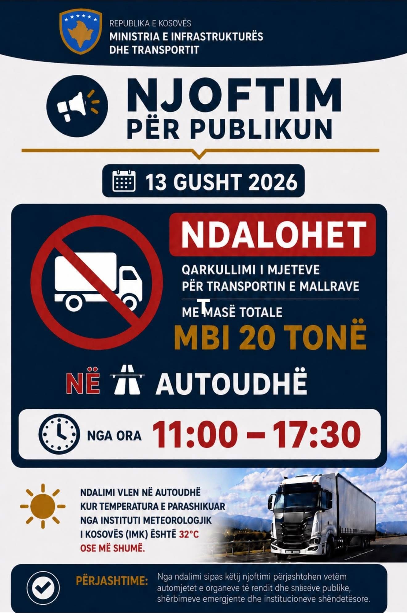 Nesër kufizohet lëvizja automjeteve të transportit të mallrave