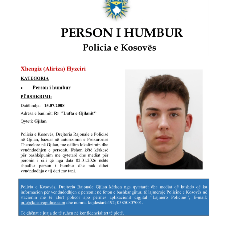 Zhduket një 17-vjeçar nga Gjilani, Policia publikon fotografinë dhe kërkon ndihmën e qytetarëve për gjetjen e tij
