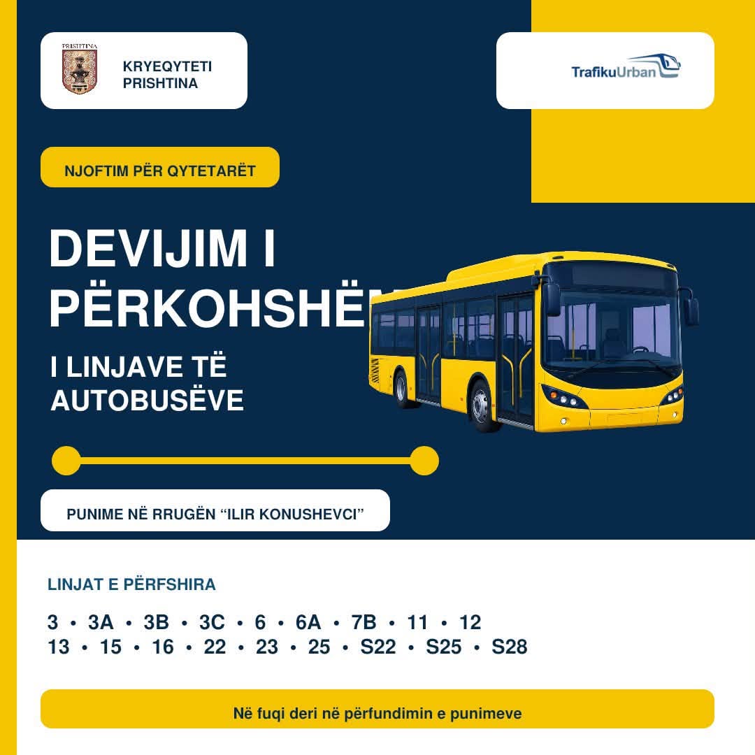 Trafiku Urban njofton për devijim të përkohshëm të linjave të autobusëve