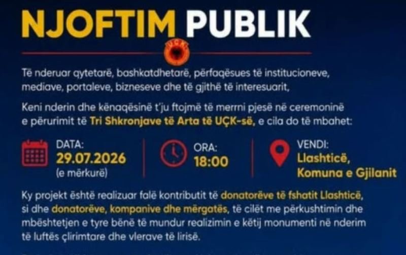 Llashtica të mërkurën përuron monumentin “Tri shkronjat e arta të UÇK-së”