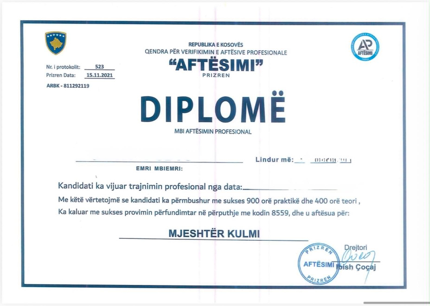 AVONET kërkon hetim lidhur me diplomat dhe certifikatat e lëshuara nga subjekti  AFTËSIMI  në Prizren