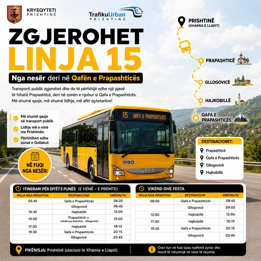 Zgjerohet Linja 15  transporti publik arrin deri në Qafën e Prapashticës