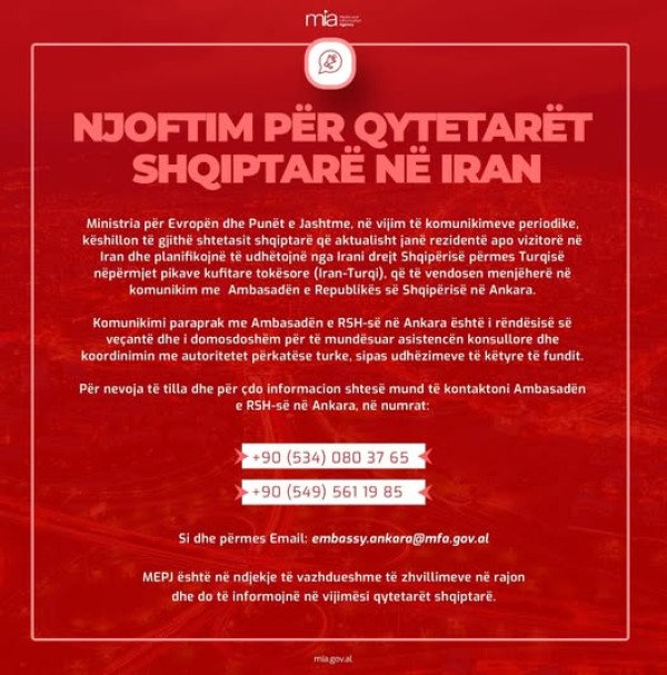 ​Njoftim për qytetarët shqiptarë në Iran