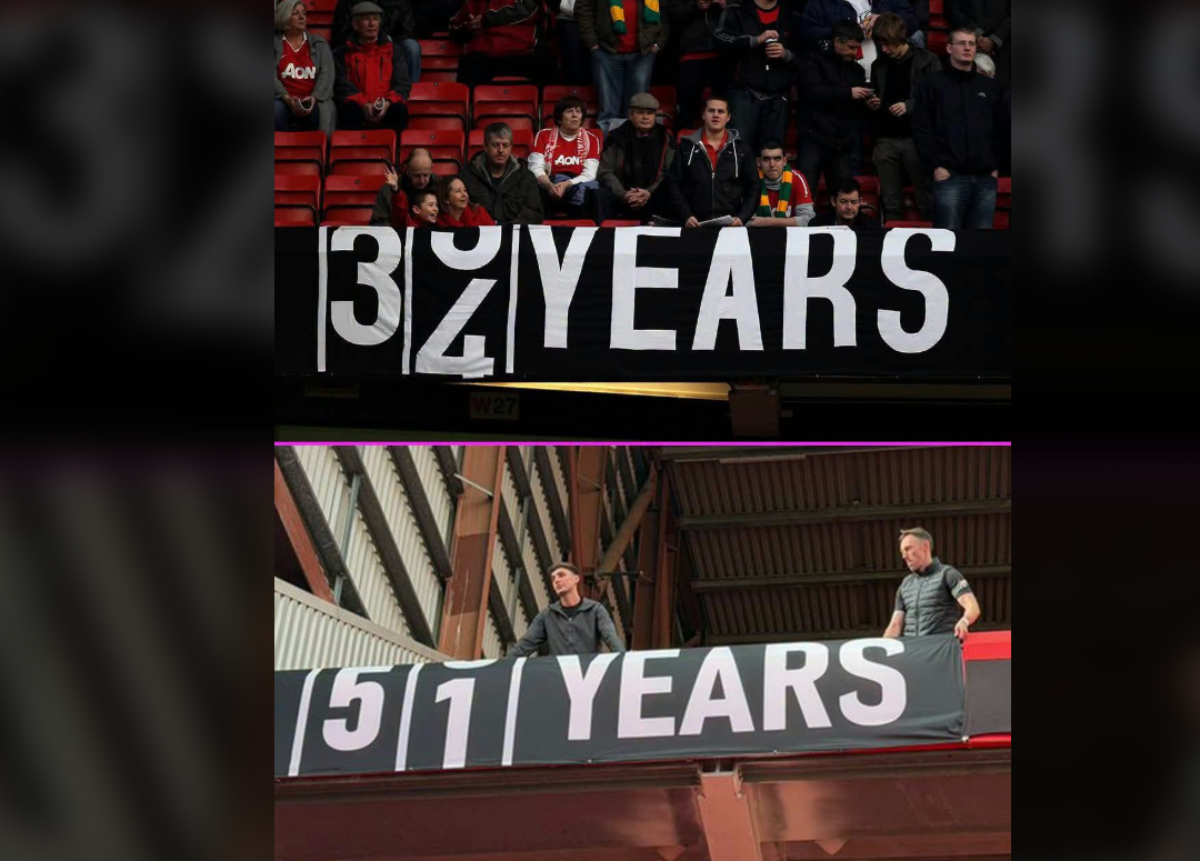 Tifozët e Manchester United rikthejnë banerin ikonik, thumbim për Cityn
