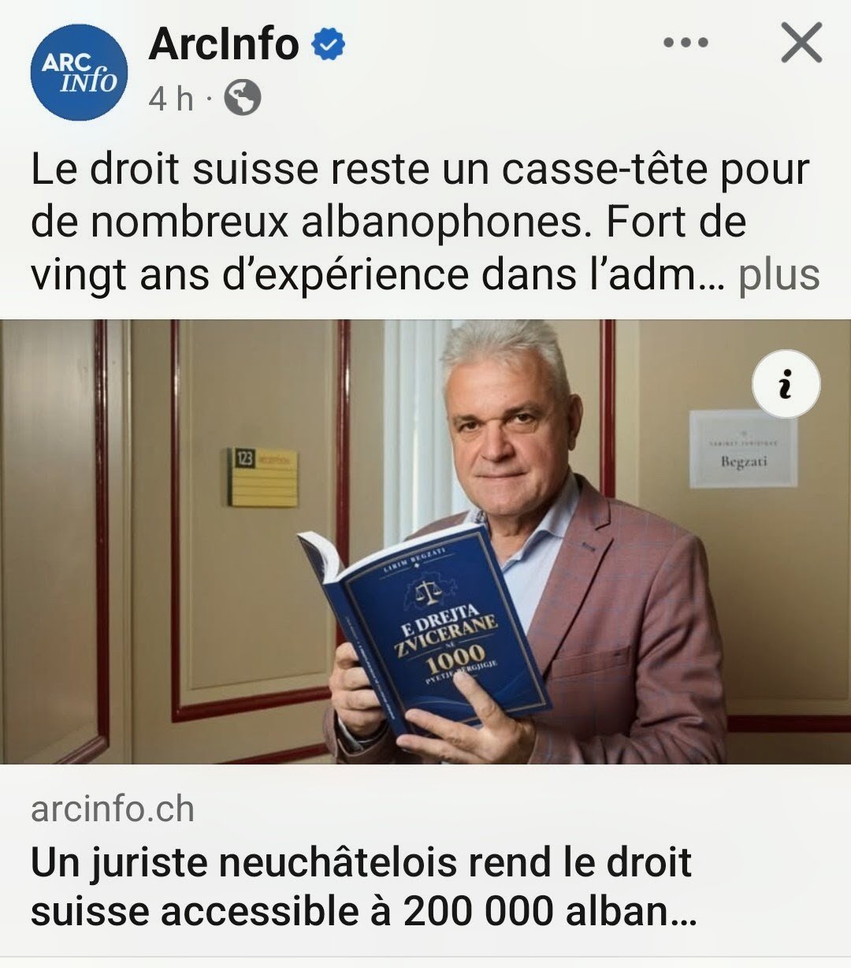 Gazeta zvicerane ArcInfo vlerëson librin e juristit Lirim Begzati  udhëzuesi i parë juridik i këtij lloji në shqip në Zvicër