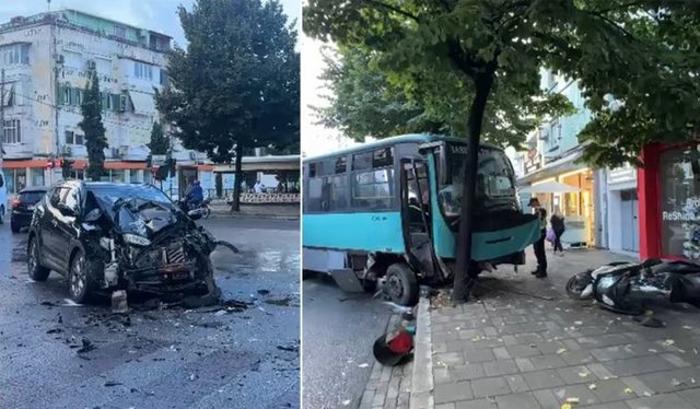 Aksident në Tiranë, makina përplaset me urbanin, goditet edhe motori i parkuar