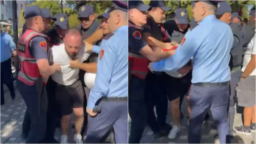 Polici goditi me grusht në bark qytetarin në protestë  Skënder Hita pezullon efektivin e  Shqiponjave 