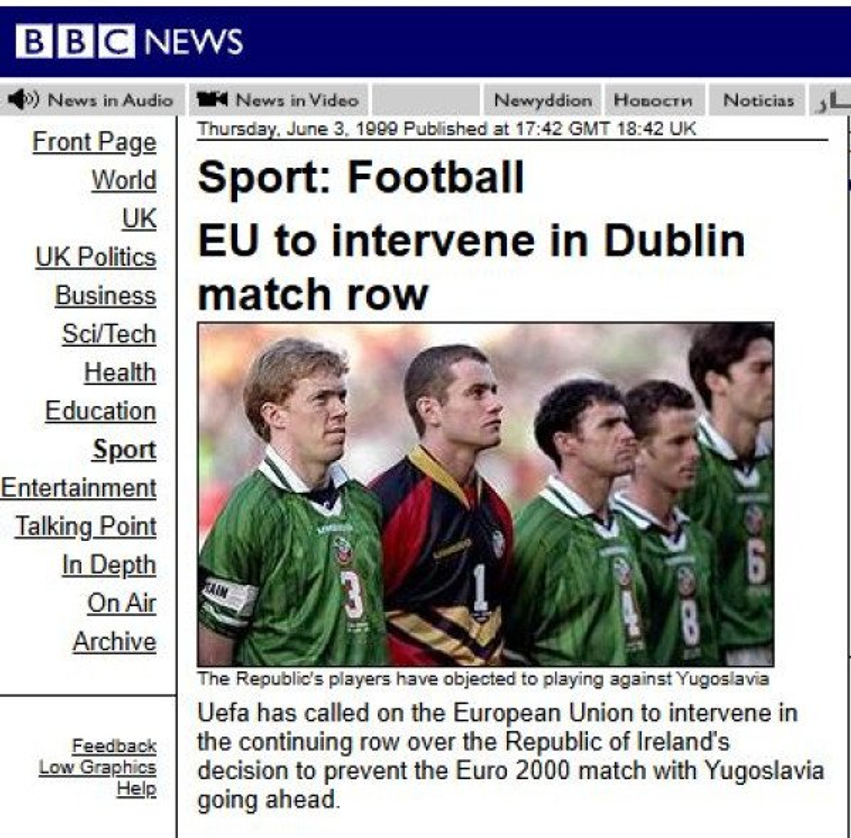 A e dini se Irlanda refuzoi të luante kundër Jugosllavisë më 1999 për shkak të luftës në Kosovë 