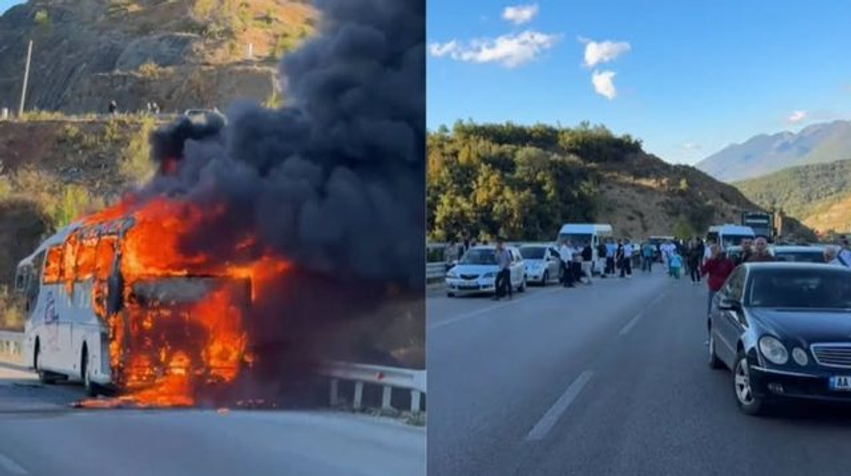 Merr flakë autobusi me pasagjerë në hyrje të tunelit të Elbasanit